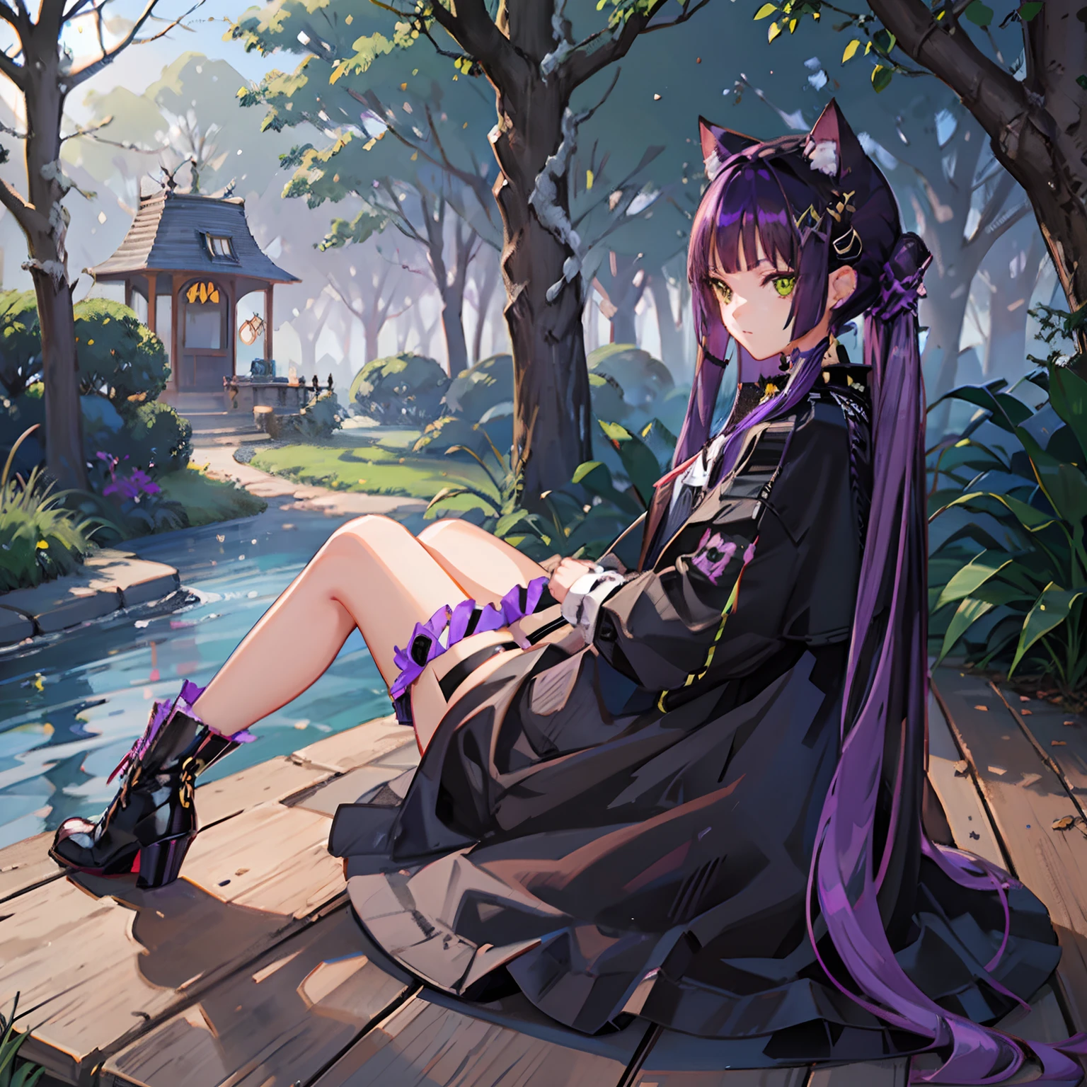 Cheshire Cat, metallic chocker, long hair, medium hair, purple hair, animal ears, cat ears original, 1girl, (solo), scenery, scene, red trees, forest, lake, autumn,