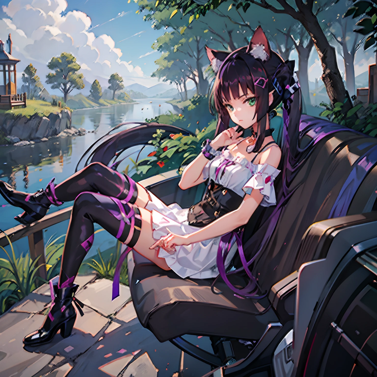 Cheshire Cat, metallic chocker, long hair, medium hair, purple hair, animal ears, cat ears original, 1girl, (solo), scenery, scene, red trees, forest, lake, autumn,