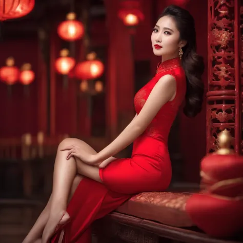 A beautiful Chinese model in a gorgeous slim-fitting red cheongsam，Voluptuous and sexy，The background is on the catwalk，HD face，Bright eyes。