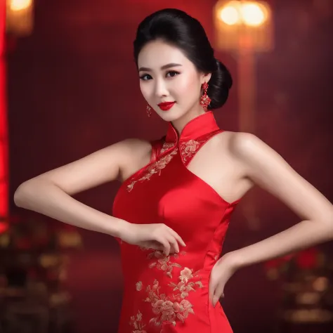A beautiful Chinese model in a gorgeous slim-fitting red cheongsam，Voluptuous and sexy，The background is on the stage，HD face，Bright eyes。