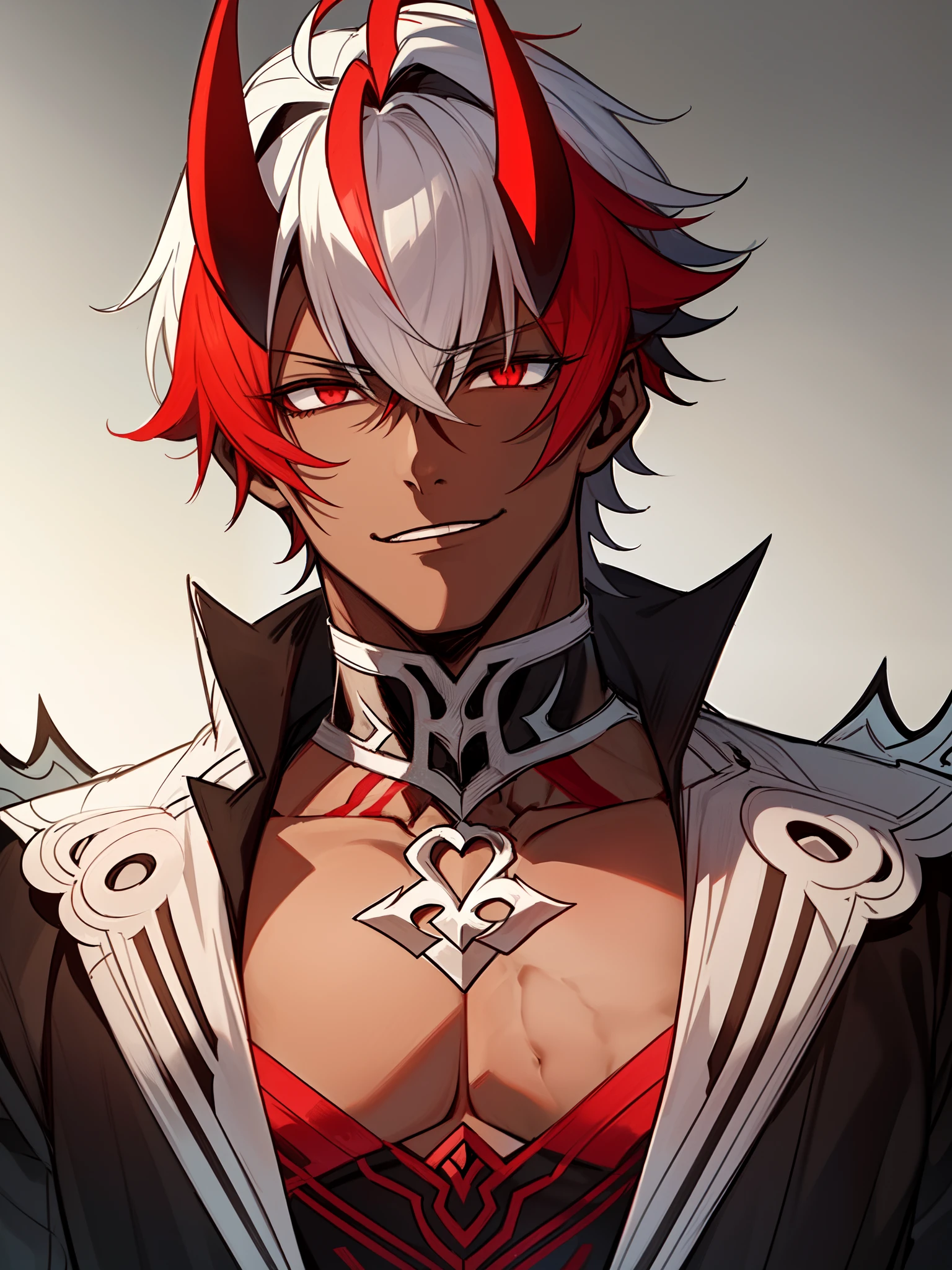 "Stunningly detailed anime sketch of a solo ((muscular)) ((handsome)) ((dark-skinned)) demon boy with short white hair and red eyes. He exudes maturity and has striking red and black crown-like horns. Dressed in demonic fantasy clothes, including a black capelet and a red and black demonic aura, he resembles a dark prince."