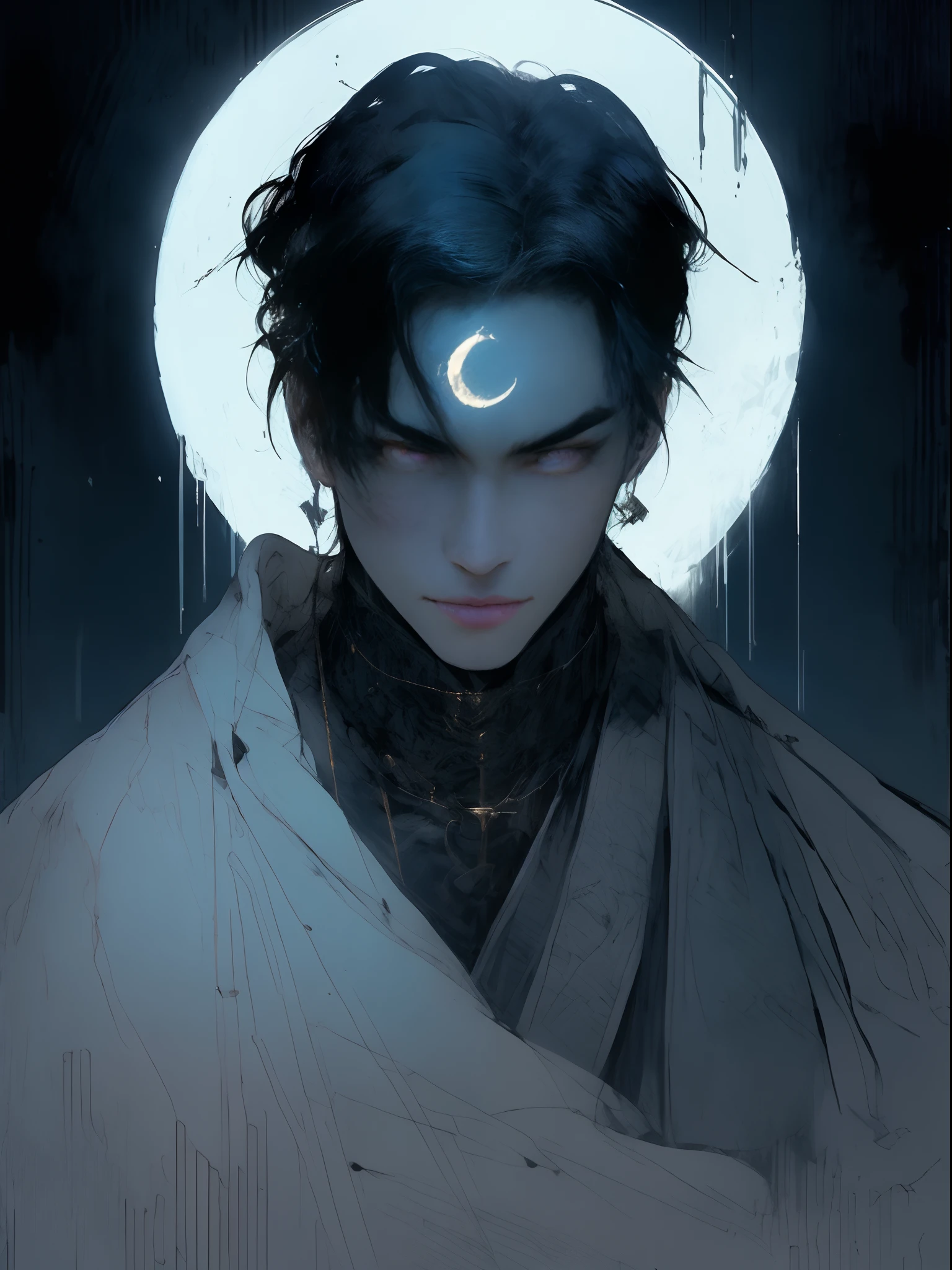 Un primer plano de una persona con una luna en la frente., Apuesto tipo en el arte de Demon Slayer, por Tyler Jacobson, chico demonio japonés guapo, tiflin azul, dios de la luna, caleb del papel crítico, Híbrido humano Djinn, estilo artístico de charlie bowater, neoartcore y charlie bowater, obra de arte en el estilo de guweiz, estilo de charlie bowater