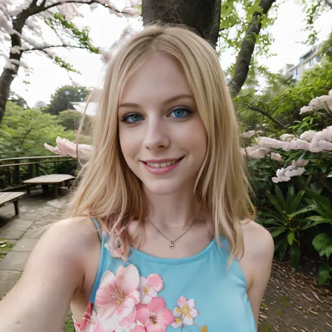 Two girls stood in a city forest during the spring season, surrounded by towering trees. They were dressed in simple, yet stylish, sleeveless t-shirt outfits. The first girl wore a flowy floral dress that matched the vibrant colors of the blooming flowers ...