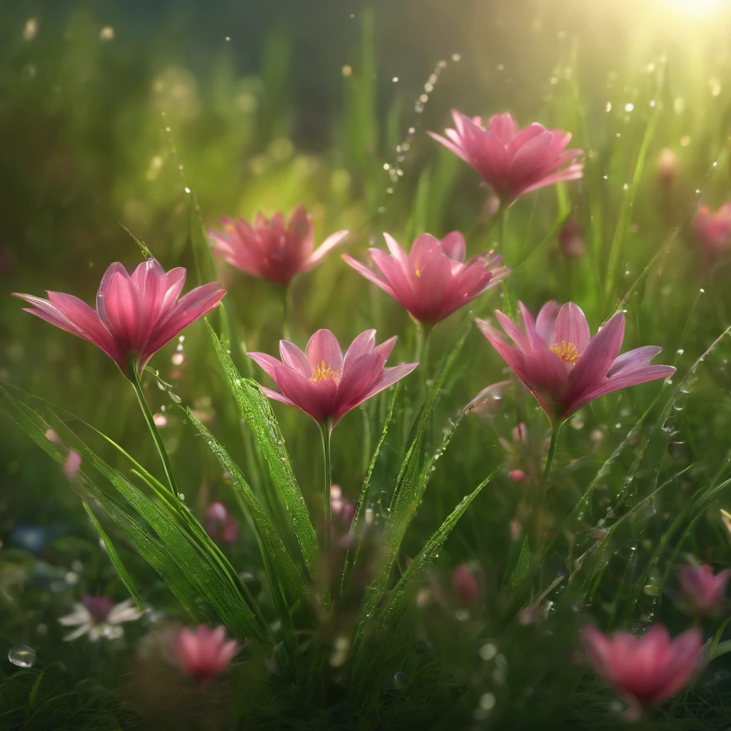 (a flowering grass): beautiful and vibrant flowers, lush green leaves glistening with dewdrops, magical atmosphere, realistic movie-like rendering, cinematic 3D rendering, lifelike CGI rendering, depicted as a 3D rendering