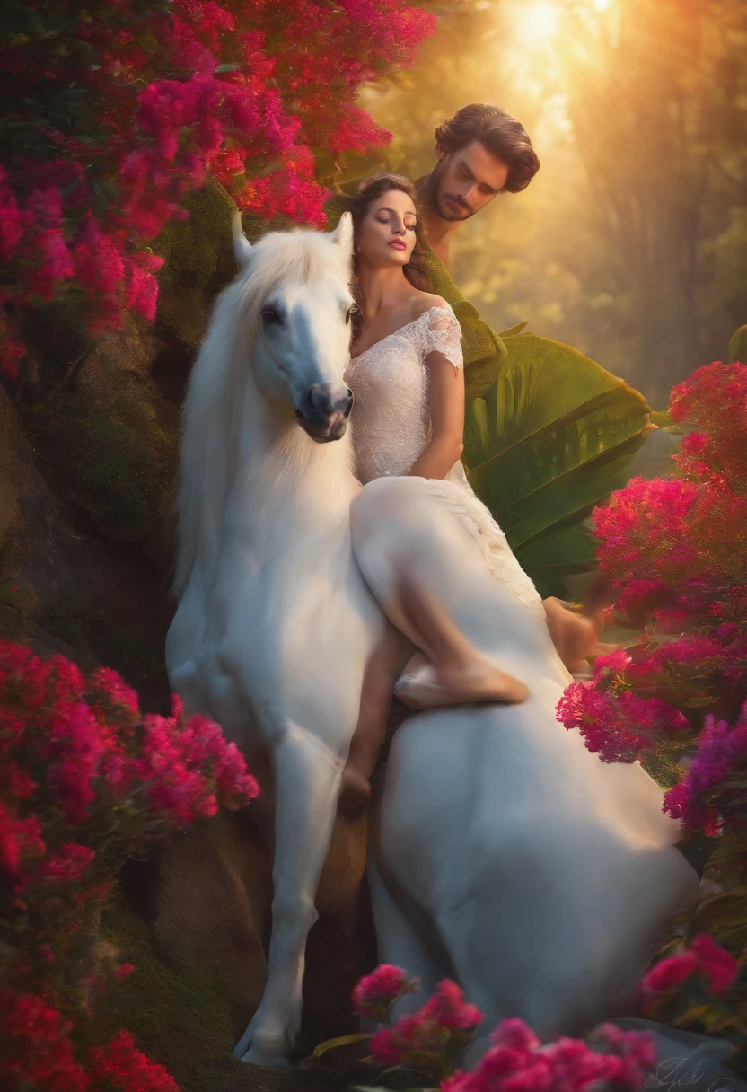 Gay Horse Porn Art - There is a man and woman riding a horse in a garden - SeaArt AI