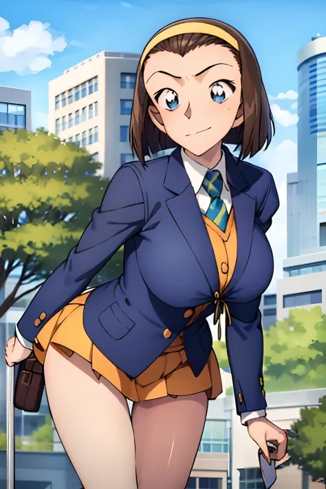 flat-colors、Blushing、Shy face、Low Angle Full Body Shot, Low position, up skirt,look at viewr, anime styled、Colossal tits、large full breasts、cleavage of the breast、one girls、shairband、Forehead、Bob Hair、Brown hair、Sparkling eyes、Blue eyes、Lively eyes、A smile...