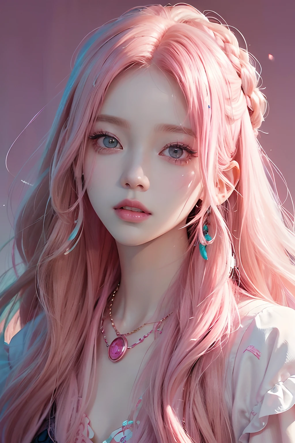 Close up of a man with blonde hair and necklace, digital art inspired by Yanjun Cheng, Tumblr, Rococo, portrait of jossi of blackpink, portrait jisoo blackpink, Flowing pink hair, Long flowing pink hair, long bubblegum hair, with pink hair, Pink girl, pink hues, ((Pink)), Long pink hair, pink straight hair, curly pink hair