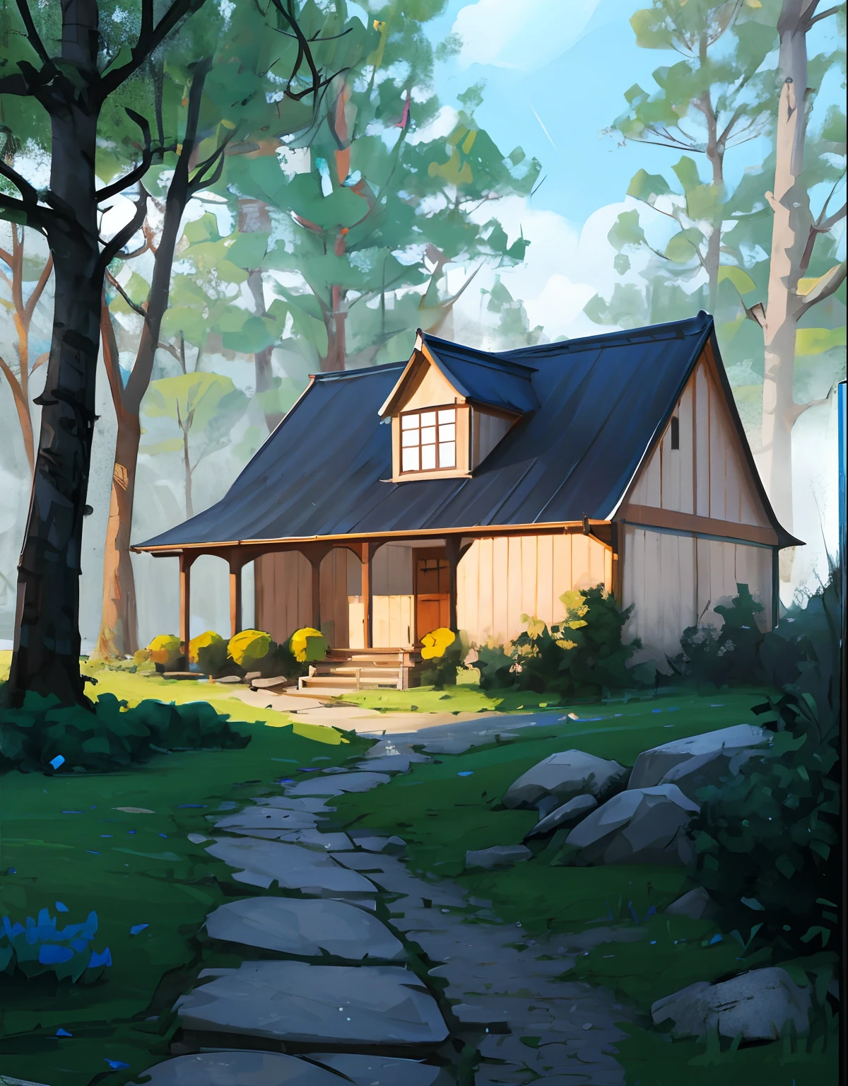 painting of a house in the woods with a pathway leading to it, andreas rocha style, anime background art, painted in anime painter studio, beautiful house on a forest path, detailed painting 4 k, inspired by Andreas Rocha, by Yang J, beautiful digital painting, beautiful art uhd 4 k, cottage in the forest, detailed digital painting, idyllic cottage