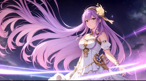 Athena with plain long light purple hair,hair between eyes,green eyes,rosy cheeks,full lips,thin eyebrows,slender body,wearing b...