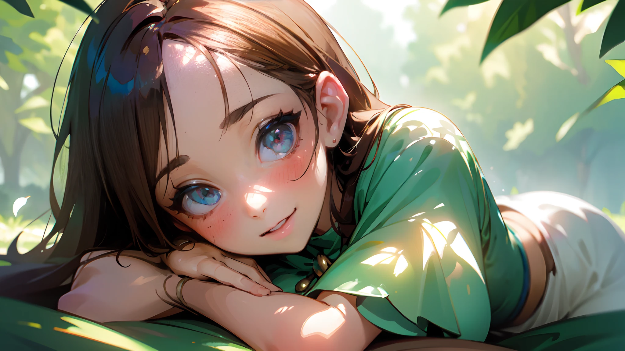 (best quality,highres,masterpiece:1.2),ultra-detailed,realistic,beautiful detailed eyes,beautiful detailed lips,extremely detailed eyes and face,longeyelashes,adorable smile,slim waist,big breasts,lovely face expression (blushing, innocent),colorful garden backdrop,fantasy setting,soft lighting,portrait style,colorful palette,lush greenery,flowers in bloom,light breeze,playful and joyful atmosphere,sunlight filtering through the leaves,blurred background with bokeh effect,enchanting scenery,magical vibe