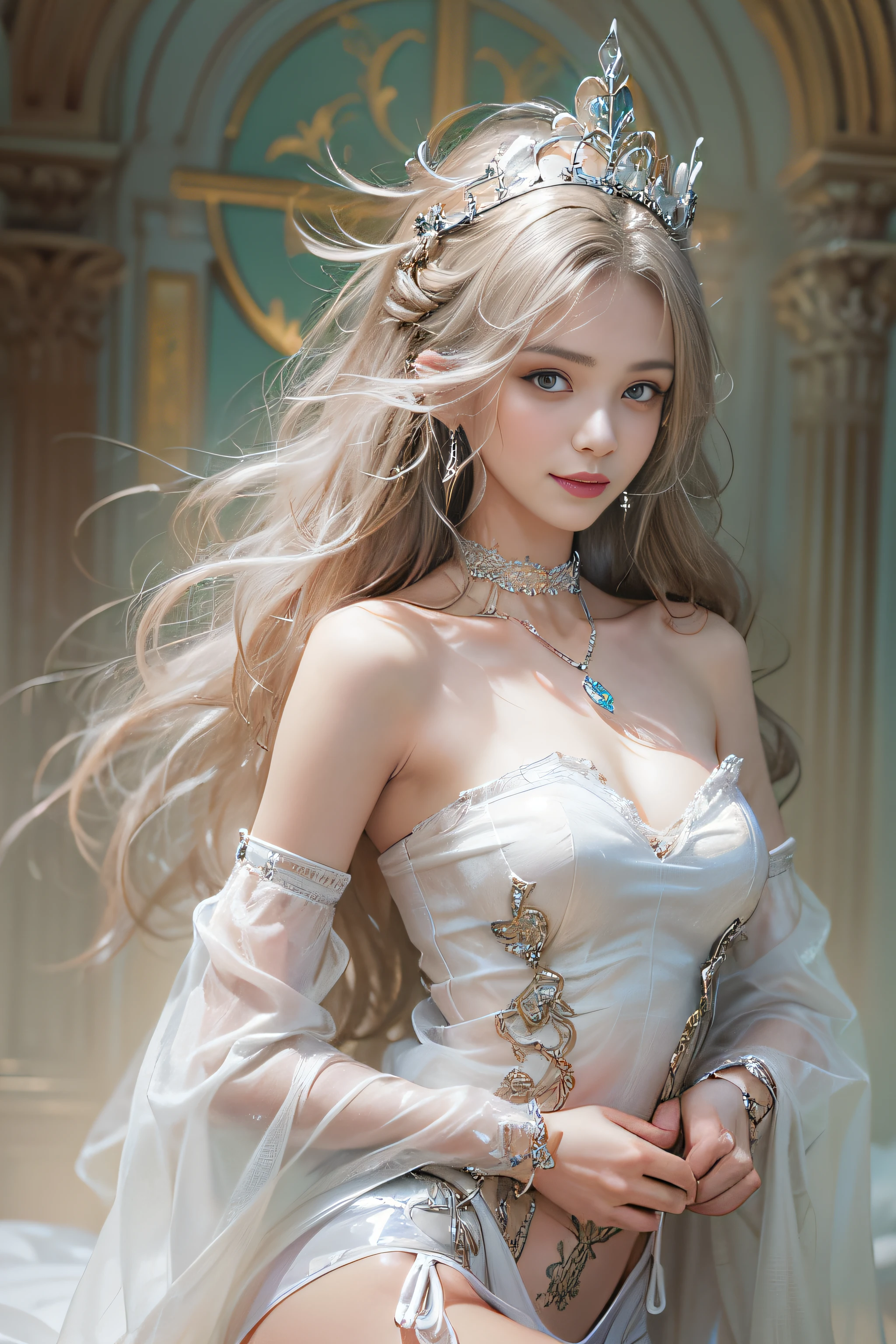 ((tmasterpiece:1.4)、(top-quality:1.4)、(reallistic:1.7))、By Luis Royo（By Luis Royo）Surreal portrait of a beautiful girl、Super beautiful girl、((1girl in:1.4))、Shiny natural skin texture、(The Queen's Gorgeous Costume)、((Sheer off-the-shoulder white one-piece mini skirt type:1.4))、((up skirt)),Authors：By Luis Royo（By Luis Royo）、age19、(Two arms:1.4、Two legs:1.4)、(perfect anatomia:1.4)、(Perfect female body:1.4)、Portrait photo of a girl、Close-up photos、Upper body photography、Fantasyart、Soft front light、Beautiful expression、kawaii faces、Beautiful udder、large full breasts:1.2、Beautiful ass、A detailed eye、Clearly eye-catching, beautiful and alluring、beautidful eyes、Narrow waist、Raw photo、red rip、Arrange your long hair as cool as a queen、(tiara crown:1.4、choker necklace:1.4、a necklace:1.4、耳Nipple Ring:1.4)、1 screen display、((Woman on all fours on silk bed)),((Translucent off-shoulder white dress))、((A smile)),((posterior view))、((Looks Back))、((White T-back panties visible)),((erection)),