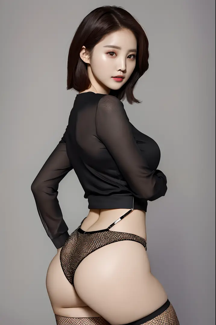 (masterpiece:1.3), (High resolution:1.1), Detailed beautiful face, Detailed beautiful, (huge breasts, gigantic breasts:1.4,  a woman in a black top and fishnet panties posing for a picture, beautiful south korean woman, gorgeous young korean woman, beautif...