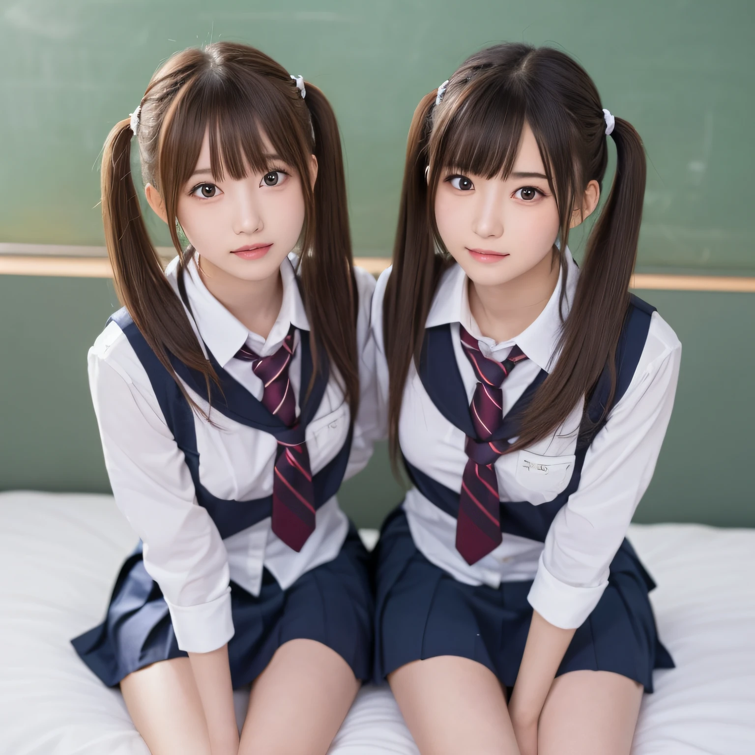 masutepiece, Best Quality,  (Beautiful Girl:1.3), (16 years old:1.2), Very fine eye definition, (Symmetrical eyes:1.3), ((NSFW)), (School uniform,  Cute skirt:1.3), Beautiful breasts, Brown eyes, Parted bangs, Brown hair, Upper teeth,Twintail hairstyle,2 girls,