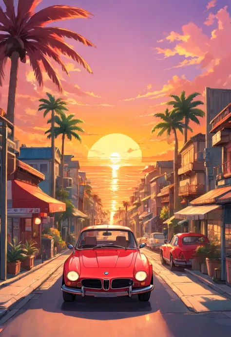 Sticker Design, Classic BMW Cars, Sunset background, Palm trees, Five Colors, Corner Street, Beleq Drums, Freight, Cars in red