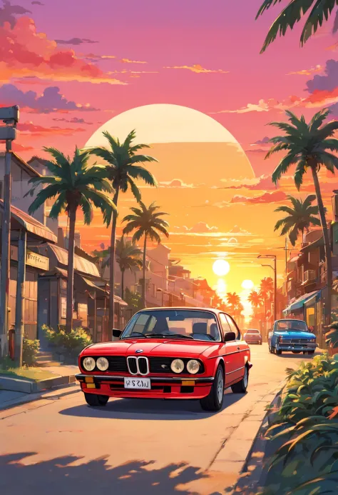 Sticker Design, Classic BMW Cars, Sunset background, Palm trees, Five Colors, Corner Street, Beleq Drums, Freight, Cars in red