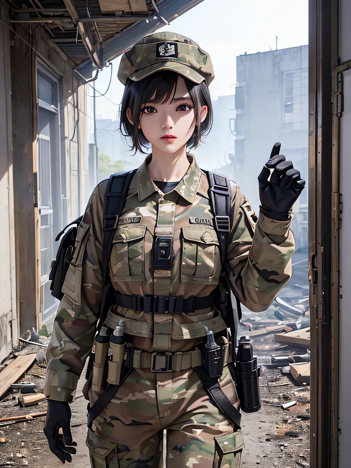 ((tmasterpiece、ultra fine photos、top-quality、超A high resolution、foco nítido、chest circumference))、、beautiful female soldier、delicated face、White skin of the、High detail skin、Realistic details of skin、Short short-haired cat、Camouflage cap、Combat equipment、black undershirt、Army long-sleeved camouflage uniform、camouflage pants、Combat gloves、rucksack、Detailed and complex busy background、Rooms in abandoned buildings、White smoke、Detailed facial and chest depictions、detailed hand depiction、Combat pose、Dynamic action、watching at viewers