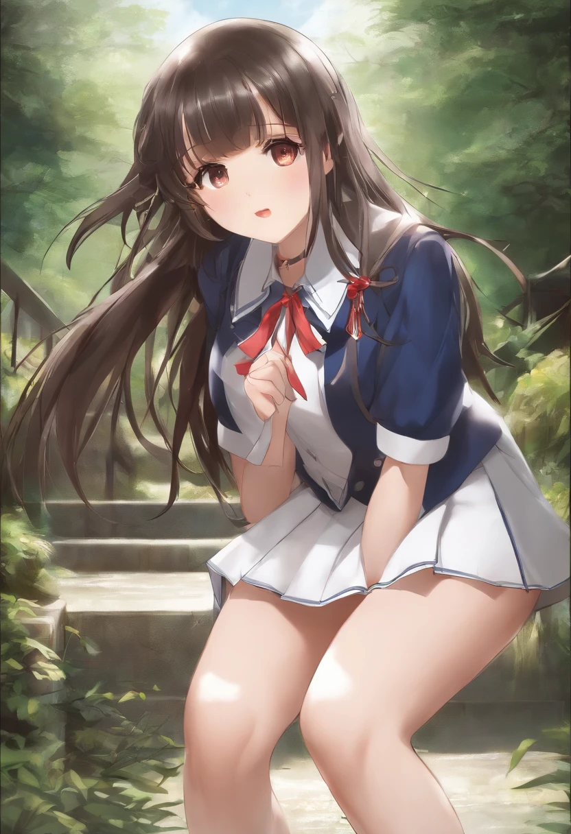 Chica anime en uniforme posando en los escalones de un parque. - SeaArt AI