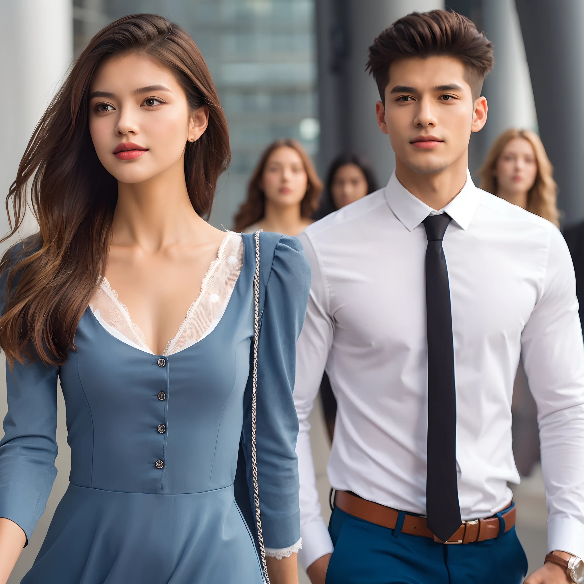 A beautiful young woman in a modern dress, followed by a male student wearing a white long- sleeved shirt, blue pants, and a necktie, with a look of admiration on his face. The background has other people walking behind them.