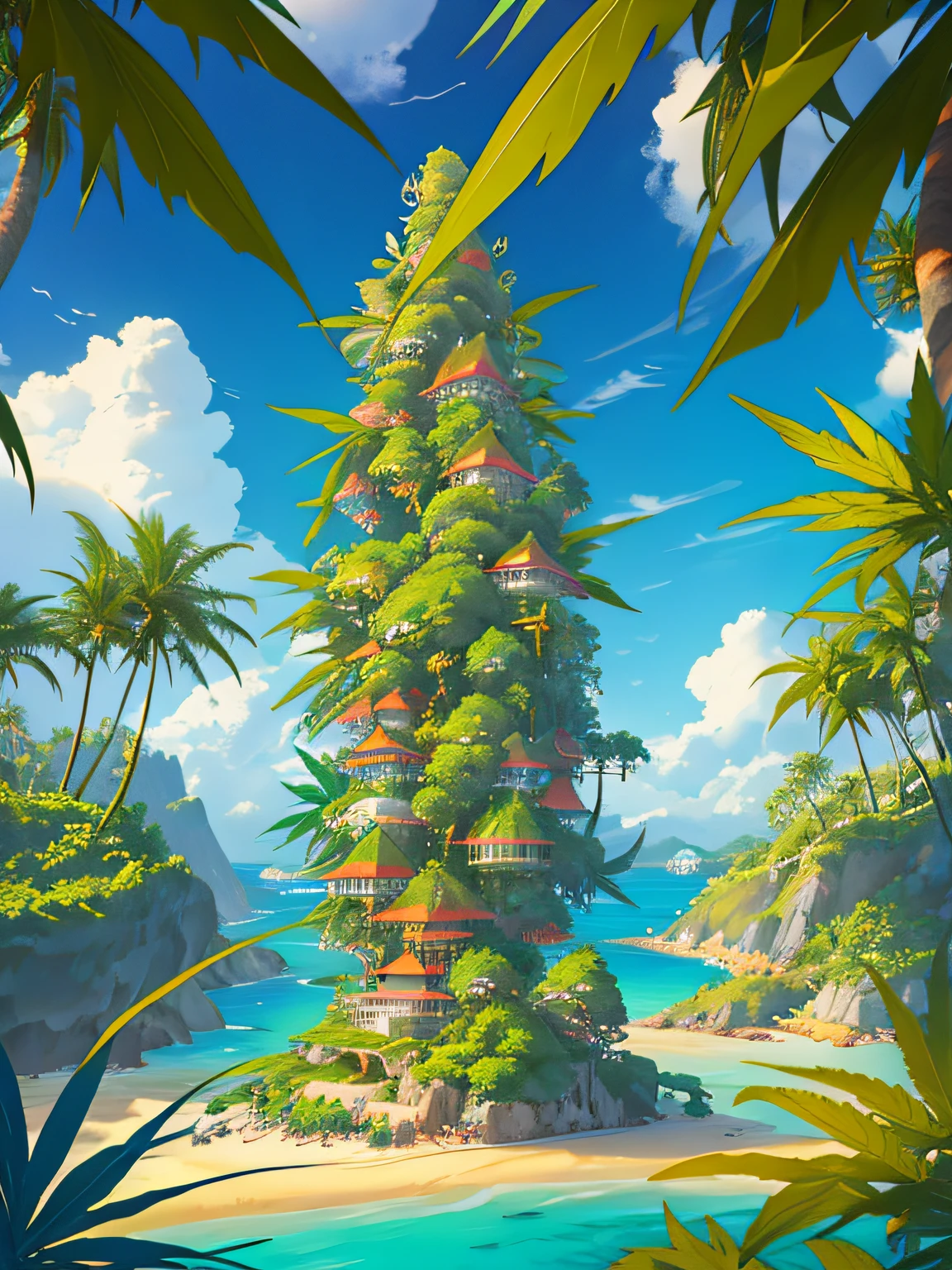 Cannabis Island with palm trees and sandy beaches, Tropical Cannabis Island, Spectacular Matte Painting on Cannabis Island, Blue Sea Island, Cannabis Island in the air, Cannabis Island, Scenery of Cannabis Island, Cannabis Island in the Sky, Cannabis Island Background, Monsoon on Tropical Cannabis Island, Cannabis Island in the background, Floating Cannabis Island, Tropical Marijuana Location, Marijuana Island, Marijuana Island with a cave, Many Cannabis Islands, No humans, Marijuana Tree, cloud, skyporn, Outdoors, Scenery, day, Palm Tree, ocean, Water, Beach, Blue sky, Horizon, Cloudy sky, Nature, Sand「Create abstract artwork that captures the historical context of cannabis。It depicts a cannabis trip to Japan during the Yayoi period、Embrace elements inspired by ancient civilizations, Culture of Central Asia, etc.。Explore the contrast between traditional farming methods and the symbolic role of cannabis。」Cannabis in religious and cultural ceremonies。vivd colour、Complex pattern、Using Flow Shapes、Face that is、Face that is、Face that is、Face that is、Face that is、Face that is、Face that is、Face that is、Face that is、Face that is、Face that is、Face that is、Face that is、Face that is、Face that is、Face that is、It expresses the evolution of cannabis over time and its importance to humanity。Draw fantastic cannabis、landscape, Japan Traditional,