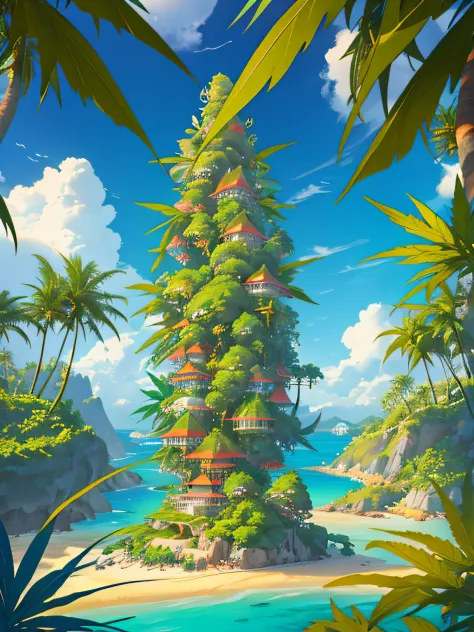 cannabis island with palm trees and sandy beaches, tropical cannabis island, spectacular matte painting on cannabis island, blue...