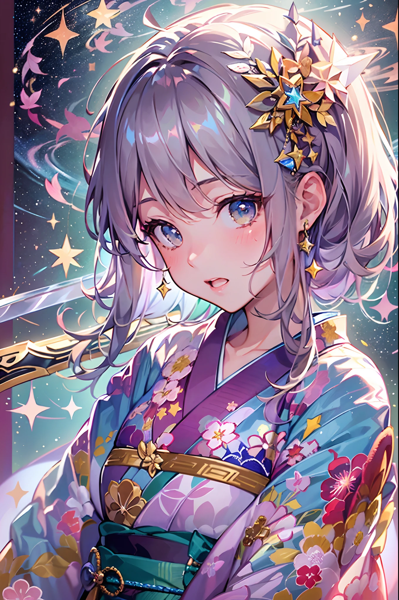 top-quality、Top image quality、​masterpiece、girl with、Beautifully shining stars々Glowing cosmic background、Girl in gorgeous Japanese-style kimono、(Standing with a large shining sword)、Fantastic and beautiful