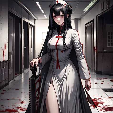 Tall girl, nurse costume, long skirt, chainsaw, black long hair with bangs, insane face, suit, Covered in Blood, Abandoned Hospital