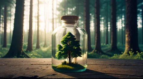 (An intricate forest minitown landscape trapped in a bottle), atmospheric oliva lighting, on the  table, 4k UHD, dark vibes, hyper detailed, vibrant colours forest background, epic composition, octane render, sharp focus, high resolution isometric