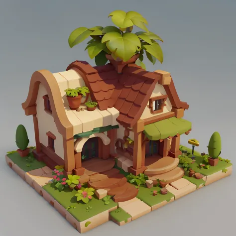 Game architectural design, Cartoony,plant house，Plants match the building，casual game style, Botanical architecture,  。.。.。.。.3D, blender，closeup cleavage，tmasterpiece，super detailing，best qualtiy