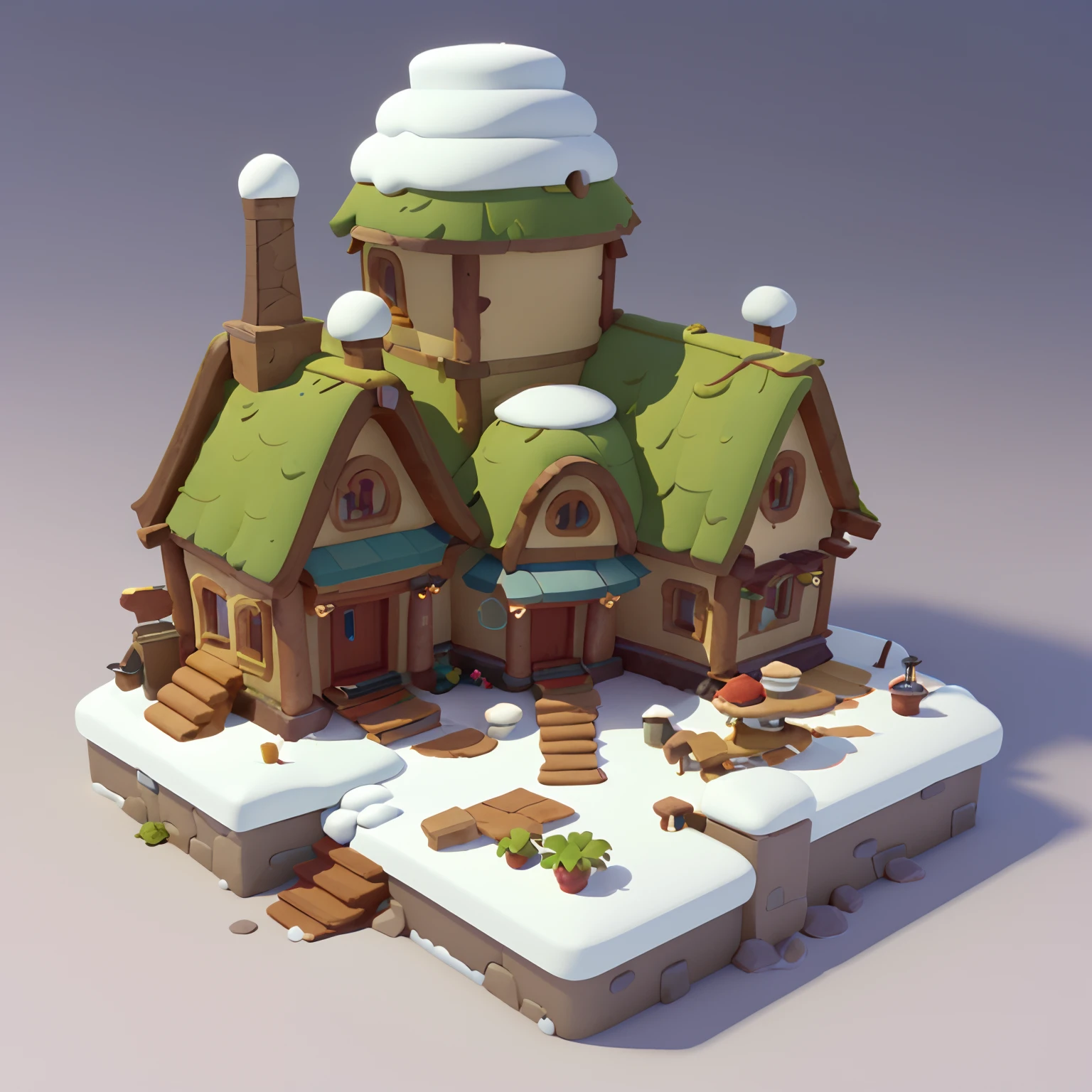 Game architectural design, Cartoony,Adventure Lodge，Adventure cabin in winter，tilt shift lens，Plants match the building，casual game style, Botanical architecture,Cartoon 3D, blender，Three shades and two understated，closeup cleavage，tmasterpiece，super detailing，best qualtiy