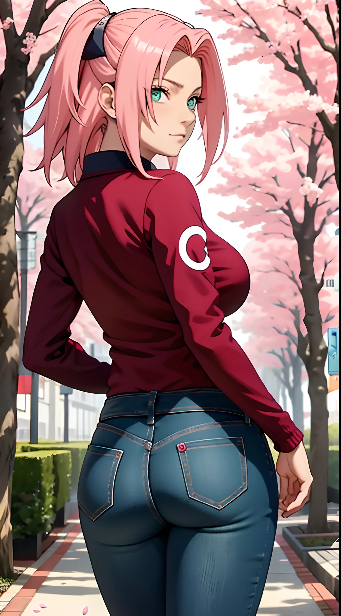 Anime girl with pink hair and blue jeans posing in front of a tree - SeaArt  AI