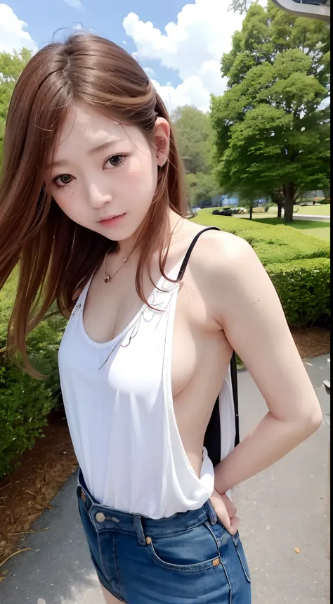 ​masterpiece、top-quality、ighly detailed、31-year-old beauty taking a walk in the park、Wear only an oversized white tank top T-shirt、morning、red blush, Brown hair、semi long hair、Flat Little、Embarrassed look、Look into the photographer、skin glistening with swe...