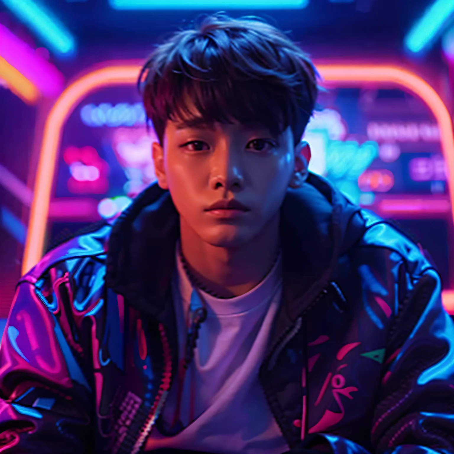 A man in a jacket sits in front of a neon background, hyung tae, shinji ...