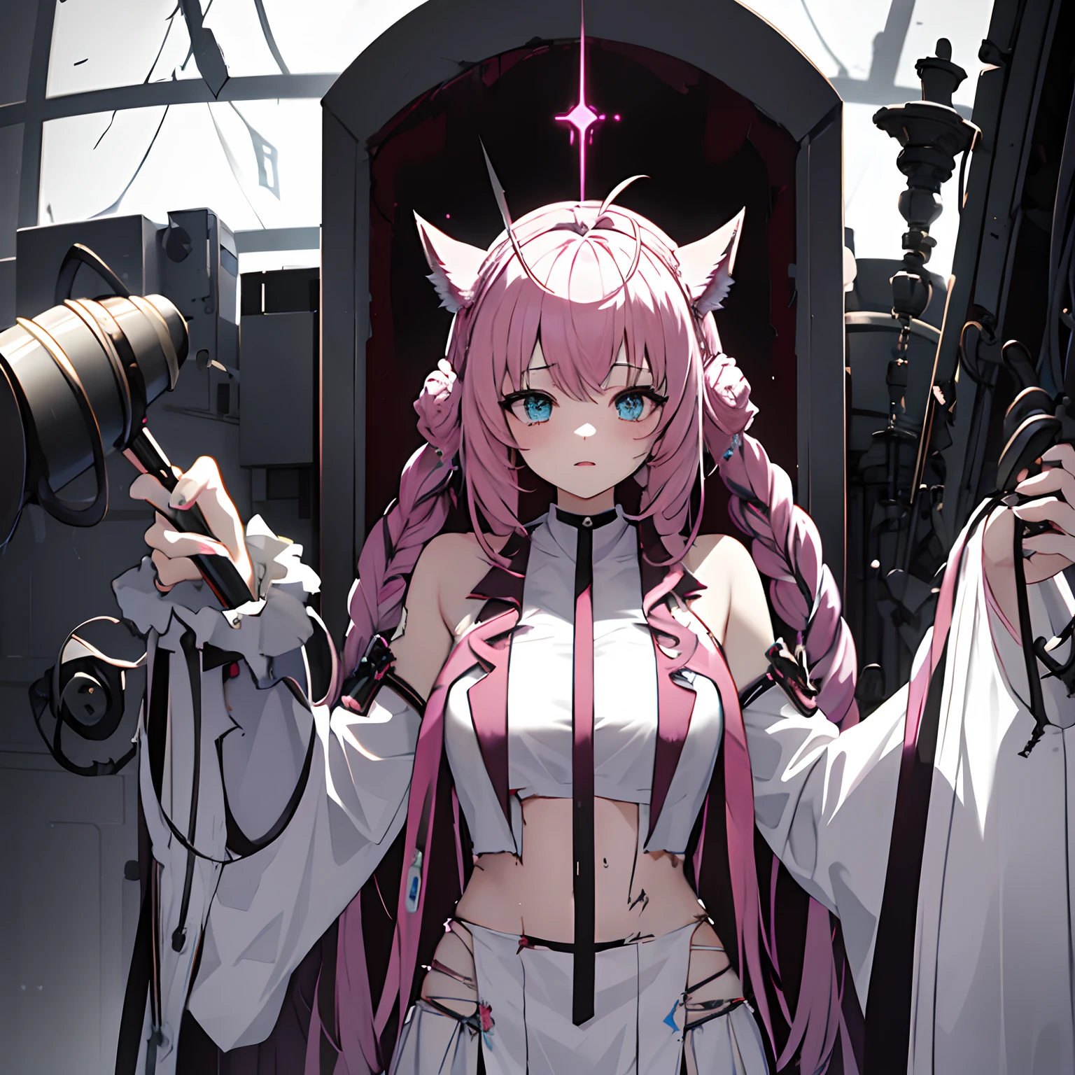 1 girl, solo, Koyori, tattered and torn white robe, intricate white lab coat, torn black stockings, pink hair with black tips, side braids, long let down hair with black tips, red and green eyes, heterochromia, serious expression, alien-like laboratory in background