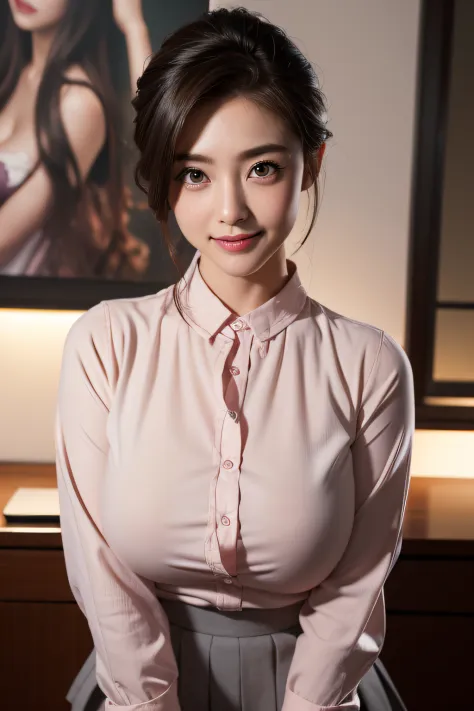 Japan Married Woman、50 generations、Delicate facial features、(Big eyes:1.4), Brown-eyed、Brunette slicked back hair、Realistic backgrounds and accessories、(large full breasts)、(Curve), (grin)、a captivating gaze、Office at night、See-through grey shirt、Pink micr...