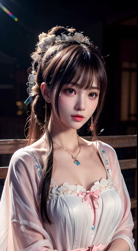 1 beautiful girl in ancient costume, ((pink and light white clothing: 0.8)), long silky black hair, hair accessories and necklac...