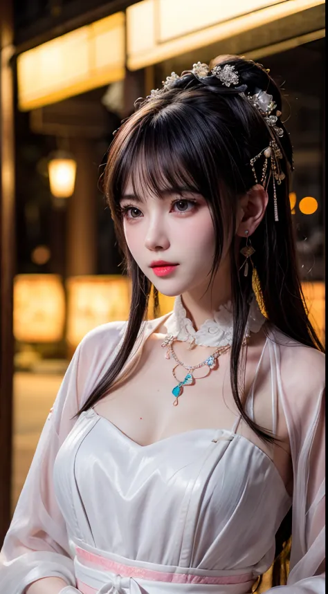 1 beautiful girl in ancient costume, ((pink and light white clothing: 0.8)), long silky black hair, hair accessories and necklac...