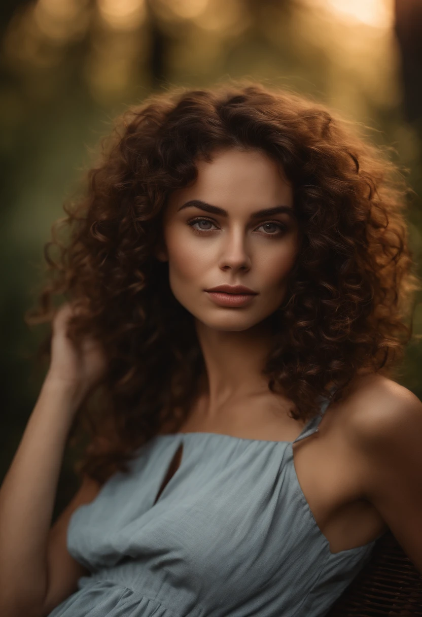 A woman with curly hair wearing a blue dress posing for a picture - SeaArt  AI