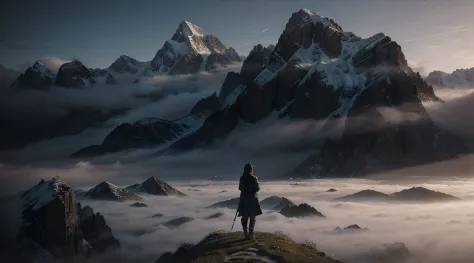 there is a woman standing on a path in the mountains, a detailed matte painting inspired by Andreas Rocha, cgsociety contest winner, fantasy art, a wanderer on a mountain, wanderer above the sea of fog, andreas rocha and john howe, cinematic matte illustra...