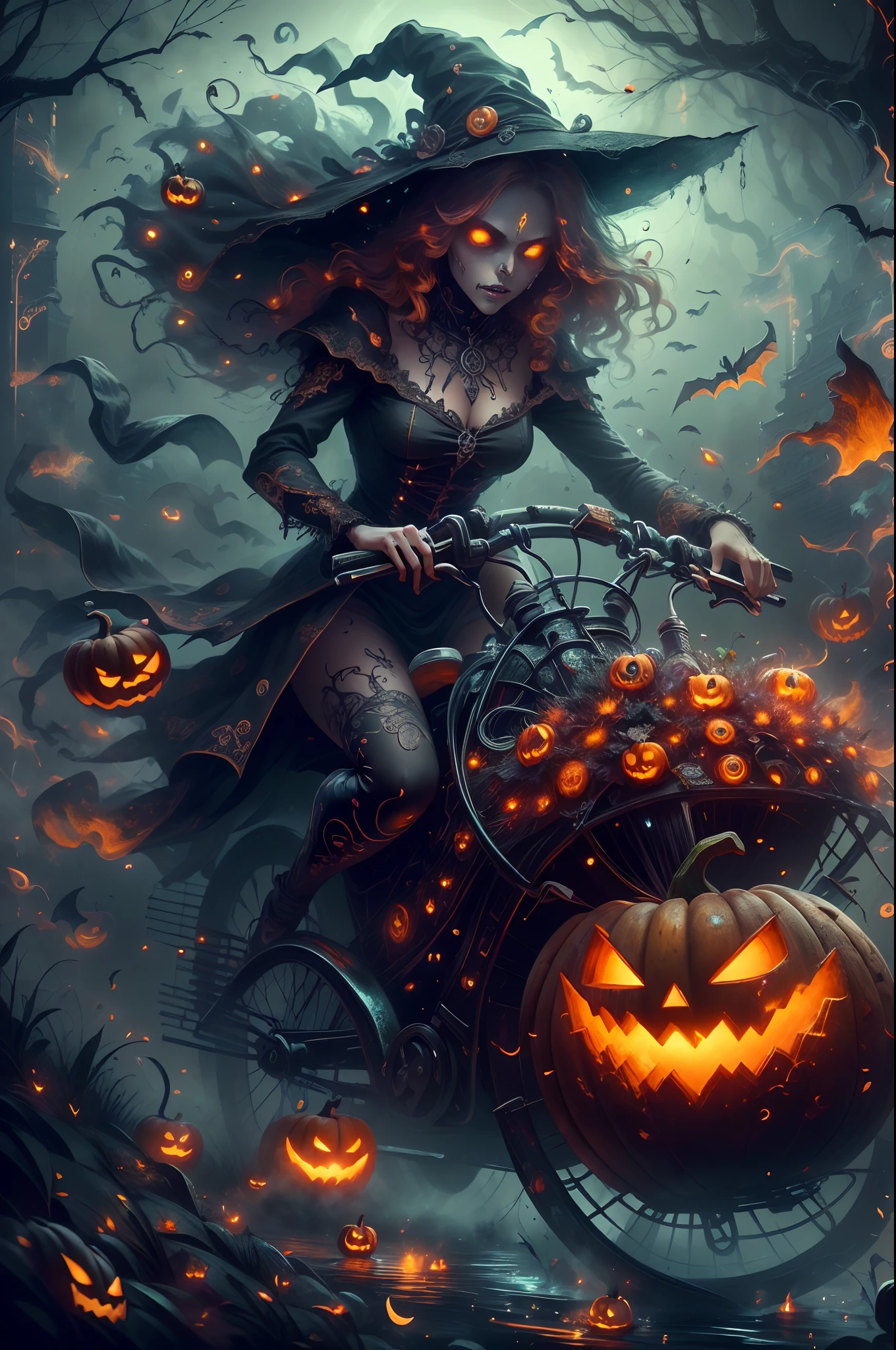 HalloweenGlowStyle，(Best quality,4K,8K,A high resolution,Masterpiece:1.2),Ultra-detailed,(Realistic,Photorealistic,photo-realistic:1.37),Dark background,Dark atmosphere,Dark theme,Creepy,unnerving, (Pumpkin Witch riding a bike: 1.5),mysterious,Subtle curls,Translucent appearance,sinister,But attractive,Spooky,Unsettling appearance,during night,Chilling,Scary,Vivid colors,Gloomy,haunting,Black background,A mysterious and disturbing Halloween witch rides a bike,(Extremely detailed CG unifies 8K wallpapers),(((Masterpiece))), (((Best quality))), ((Ultra-detailed)), (Best Illustration),(Best shadow), ((An extremely delicate and beautiful)),Dynamic Angle,Floating, in wonderland,Dynamic Angle,flower  sea,Beautiful detailed garden,Wind,classic,Spring, (Detailed light),feater, Nature, (Sunlight), River, forest,(((Floating palace))),((the best building)),Beautiful and delicate water,(Painting),(Sketch),(full bloom),(Shine)，1, fire element composed of fire elements