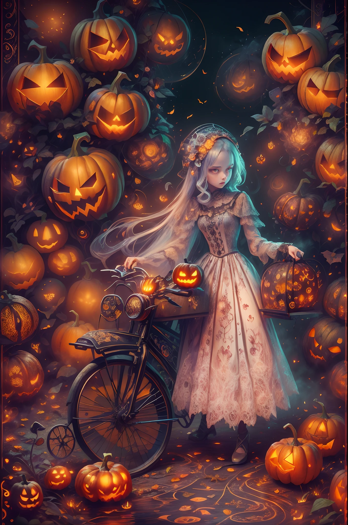 HalloweenGlowStyle，(Best quality,4K,8K,A high resolution,Masterpiece:1.2),Ultra-detailed,(Realistic,Photorealistic,photo-realistic:1.37),Dark background,Dark atmosphere,Dark theme,Creepy,unnerving, (Pumpkin ghost riding a bike: 1.5),mysterious,Subtle curls,Translucent appearance,sinister,But attractive,Spooky,Unsettling appearance,during night,Chilling,Scary,Vivid colors,Gloomy,haunting,Black background,A mysterious and disturbing pumpkin ghost rides a bike,(Extremely detailed CG unifies 8K wallpapers),(((Masterpiece))), (((Best quality))), ((Ultra-detailed)), (Best Illustration),(Best shadow), ((An extremely delicate and beautiful)),Dynamic Angle,Floating, in wonderland,Dynamic Angle,flower  sea,Beautiful detailed garden,Wind,classic,Spring, (Detailed light),feater, Nature, (Sunlight), River, forest,(((Floating palace))),((the best building)),Beautiful and delicate water,(Painting),(Sketch),(full bloom),(Shine)，1, fire element composed of fire elements