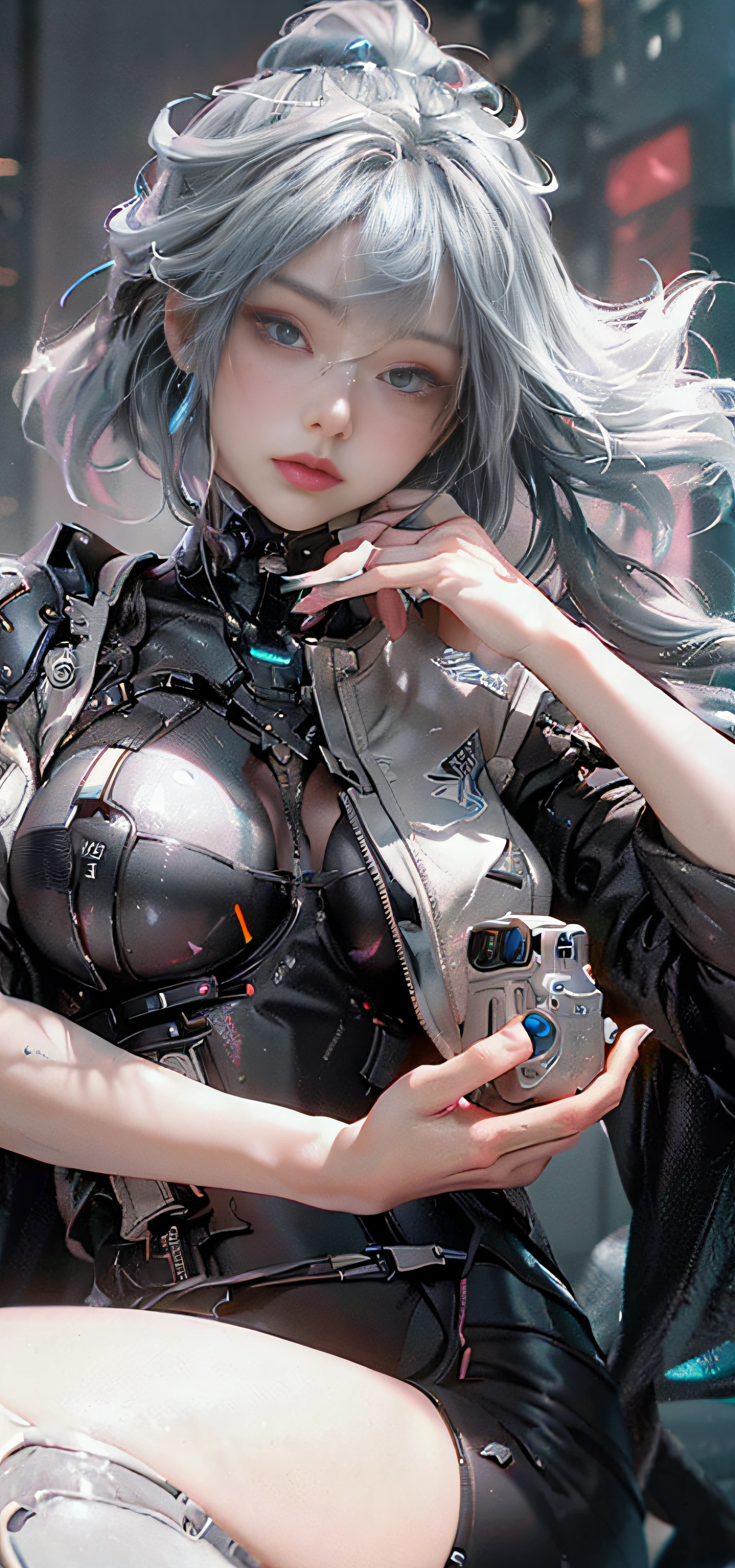 ((best qualtiy)), ((tmasterpiece)), (the detail:1.4), 。.。.。.。.。.。.。.。.。.。.。.。.。.。.。.。.。.。.。.。.。.3D, A beautiful cyberpunk female image,hdr（HighDynamicRange）,Ray traching,NVIDIA RTX,Hyper-Resolution,Unreal 5,Subsurface scattering、PBR Texture、post-proces、Anisotropy Filtering、depth of fields、maximum definition and sharpness、Many-Layer Textures、Albedo e mapas Speculares、Surface coloring、Accurate simulation of light-material interactions、perfectly proportions、rendering by octane、Two-colored light、largeaperture、Low ISO、White balance、the rule of thirds、8K raw data、Cyberpunk sci-fi style，Black and white main color clothing，Blue luminous decoration，Bigchest，Sexy black silk，Smooth thighs，huge tit，Black neck cover，High reflectiveness，kneels on the ground，Bare skin