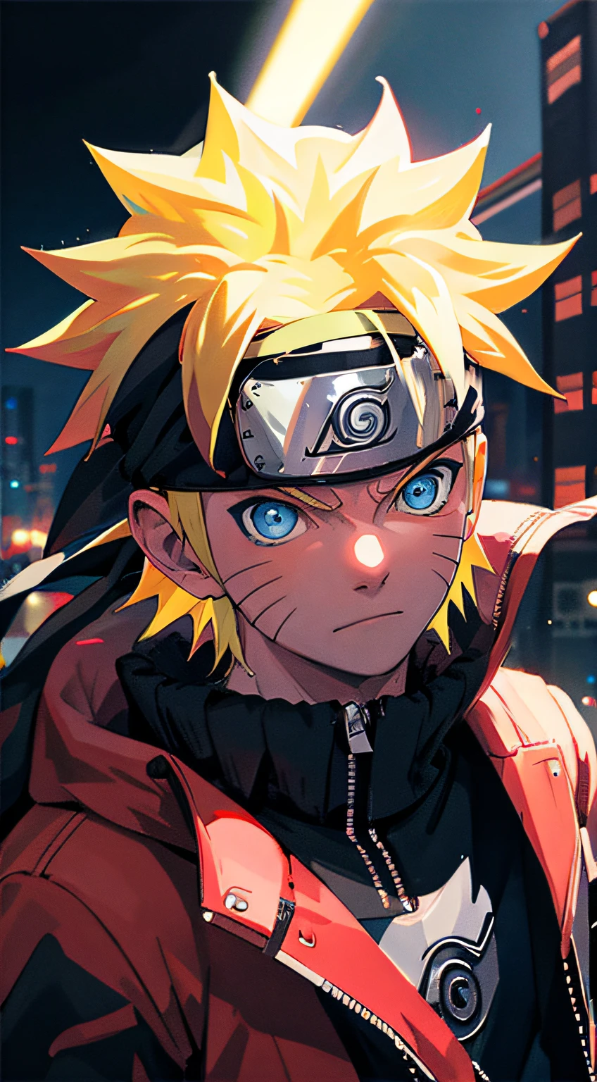 Porträt, Neon, 1 Junge, shonen style, stachelige blonde Haare, Kratzer auf den Wangen, schwarze und rote Kleidung, Lederjacke, Jeans, Stiefel, Bandana mit Blattsymbol, perfekte Augen, Cool, blaue Augen, Ganzkörper, Farbe - Name Naruto Uzumaki - Nachthintergrundstadt mit futuristischen Gebäuden und Hologrammen