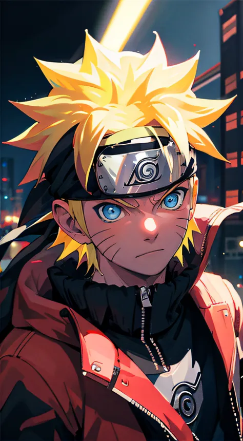 portrait, neon, 1 boy, shonen style, spiky blonde hair, scratches on cheeks, black and red clothing, leather jacket, jeans, boot...