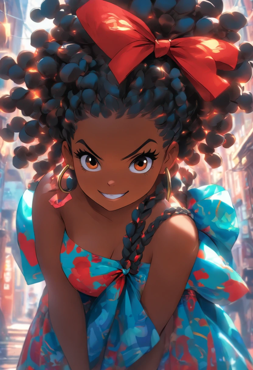 A cartoon girl with curly hair and a red bow - SeaArt AI