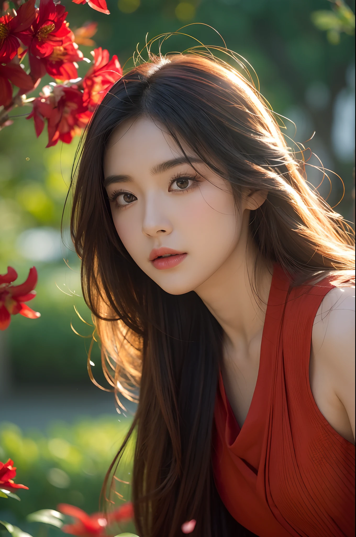 best quality,ultra-detailed,realistic:1.37,A girl among red spider lilies,breathtakingly beautiful detailed face and eyes,long flowing hair,serene and gentle expression,dancing in the wind,graceful movements,ethereal atmosphere,soft sunlight streaming through the petals,creating a dream-like scene,blending different shades of red and green,highlighting the vibrant and vivid colors,impeccable lighting,studio quality,HDR,UHD,creating a sense of depth and dimension,adding an element of mystery and enchantment,portrait,flower garden,Japanese folklore-inspired,creating a sense of tranquility and elegance.