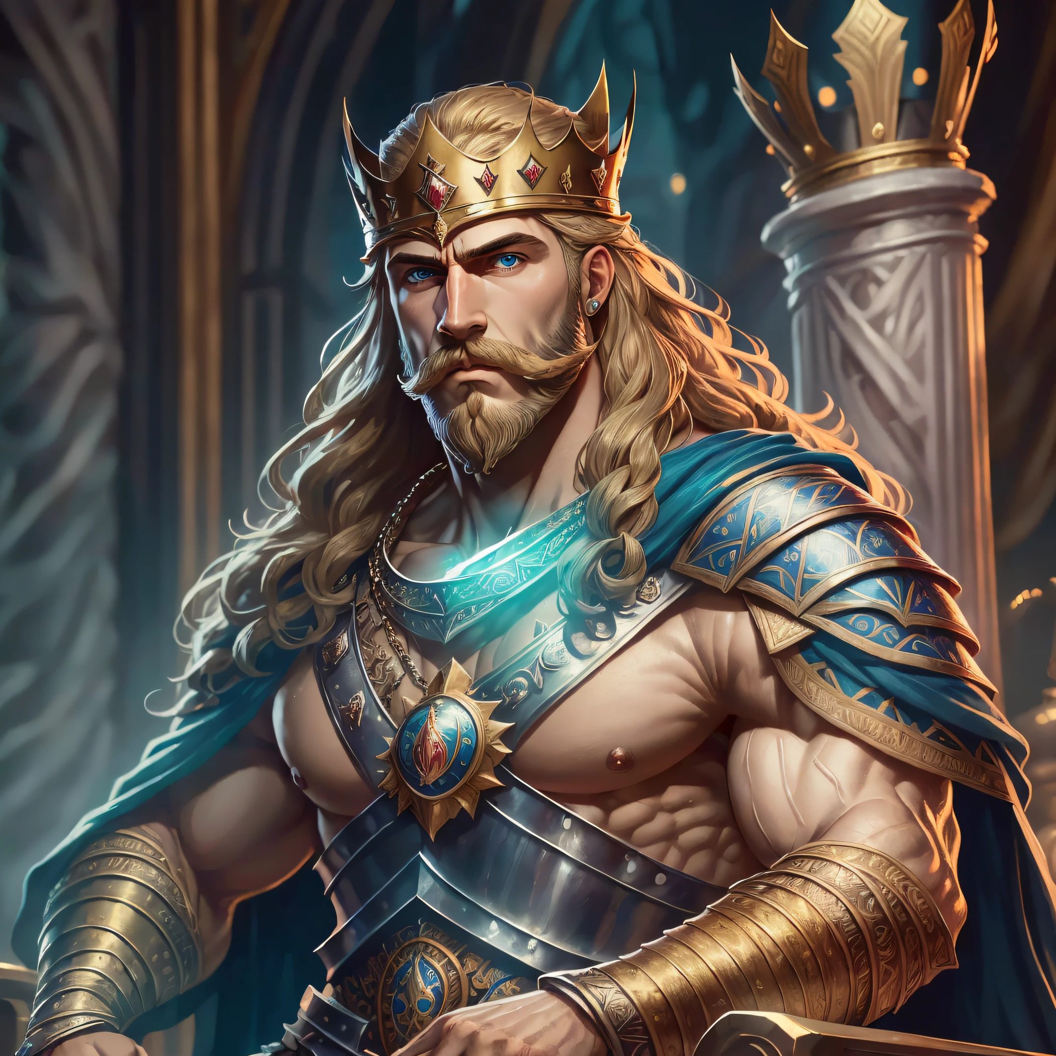 king Arthur (Masterpiece:1.2), (Best Quality), Detailed, UHD, sharp focus, (illustration:1.1), intricate, king arthur, tall and handsome man , broad shoulders, msucular physique, long and glowing hair, piercing blue eyes, dressed in the finest armor, beard and mustache , portrayed as a noble and heroic figureon the king throne