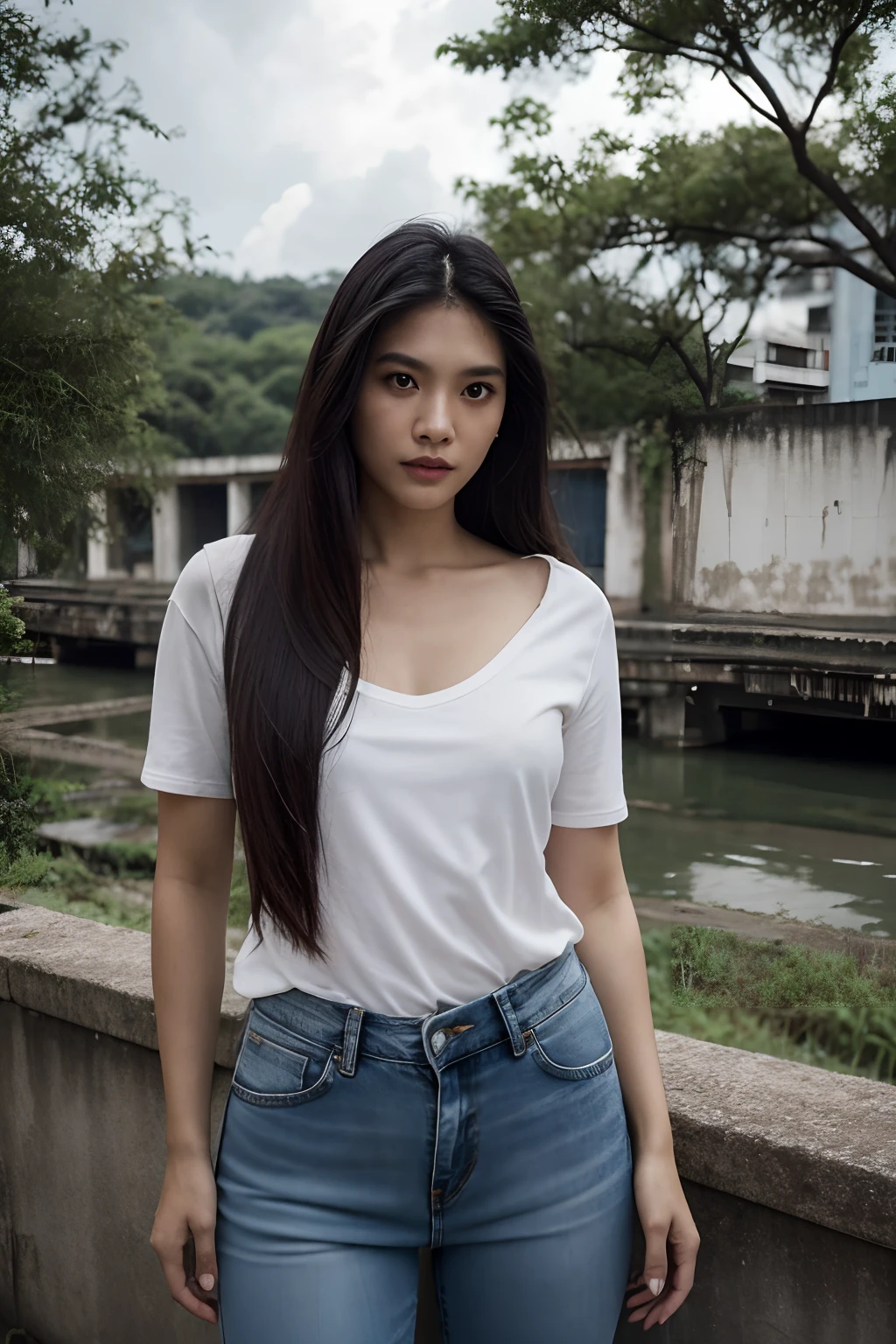 Thai Women, look at viewr, Long hair, Shirt, jeans, cloud, day, skyporn,Outdoors, Post-apocalypse, Ruins, Scenery, tree, Water,Hanging,nudde