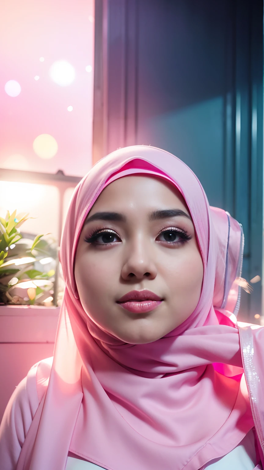 1 Malay girl, modern plain hijab, shy, medium portrait, watery eyes, pink glowing particles, wearing kebaya covering the entire chest,pastel pink, ((big breasts)), pink light bokeh background, well-proportioned body,