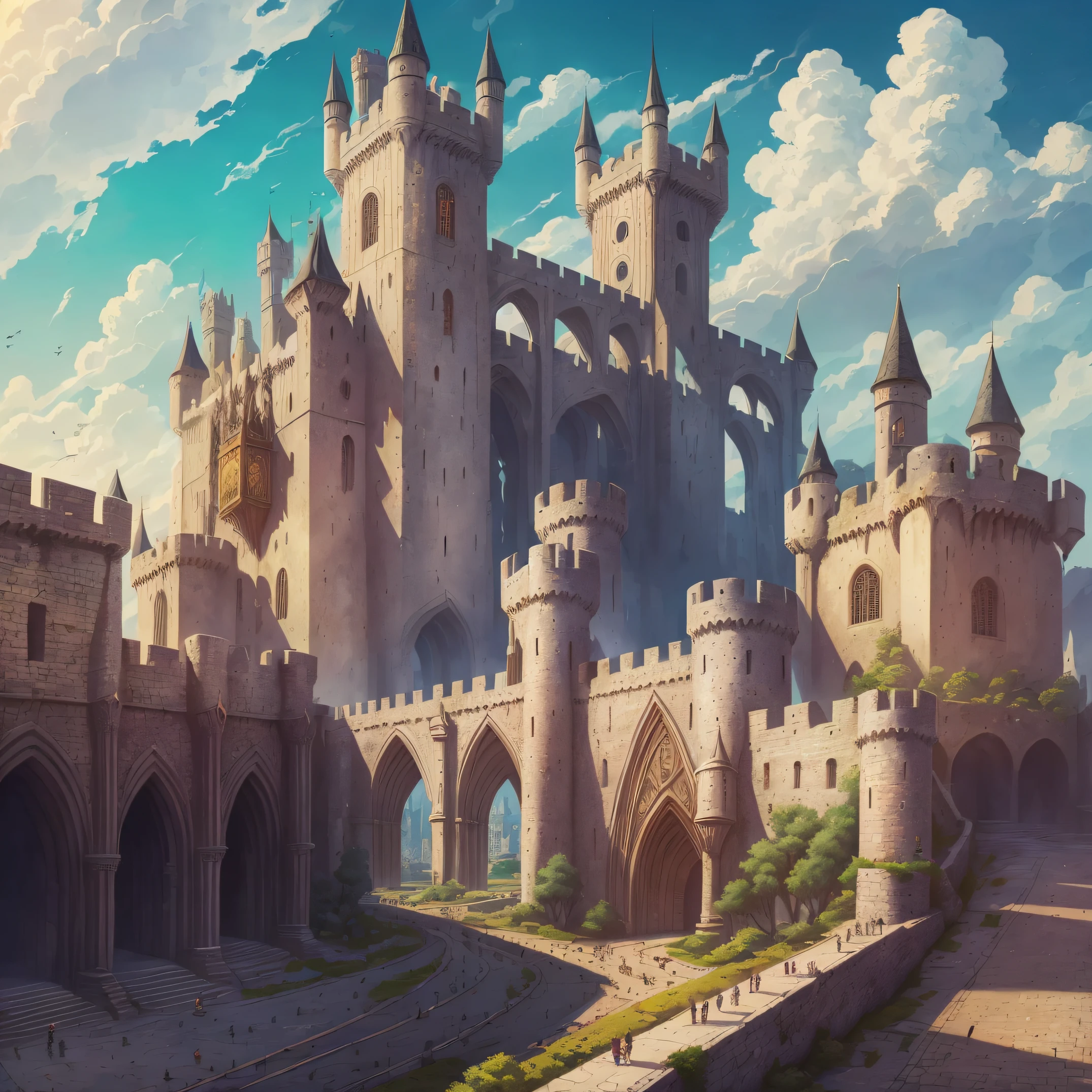 a city, camelot city surrounded by high, (Masterpiece:1.2), (Best Quality), Detailed, UHD, sharp focus, (illustration:1.1) thick walls made of white stone. The walls are topped with towers and battlements, see the tower at the end of the road