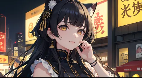 masterpiece, best quality, 1girl, black hair, yellow eyes, cat smile, night festival, detailed eyes, detailed facial features, h...